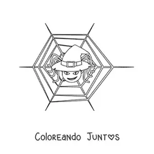 Imagen para colorear de araña animada con sombrero de bruja de Halloween