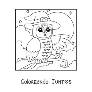 Imagen para colorear de búho animado de Halloween con sombrero de bruja frente a la Luna