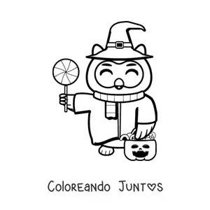 Imagen para colorear de búho kawaii de Halloween con dulces y sombrero de bruja