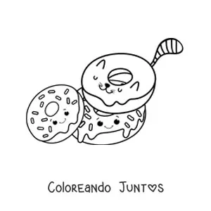 Imagen para colorear de un gato animado como una dona junto a dos donas