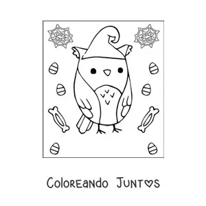 Imagen para colorear de búho kawaii de Halloween con sombrero