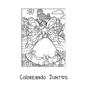 Imagen para colorear de princesa hada mariposa en jardín mágico