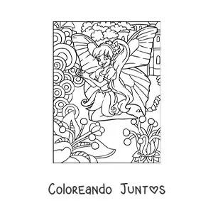 Imagen para colorear de hada mariposa en jardín con flores