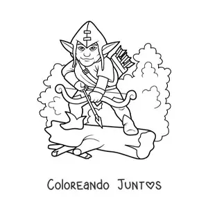 Imagen para colorear de duende mágico en el bosque con arco y flechas