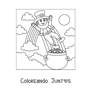 Imagen para colorear de duende con olla de oro al final del arcoíris