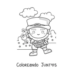 Imagen para colorear de duende de la suerte kawaii con tréboles