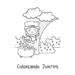 Imagen para colorear de duende kawaii con olla de oro al final del arcoíris