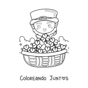 Imagen para colorear de duende irlandés kawaii con tréboles
