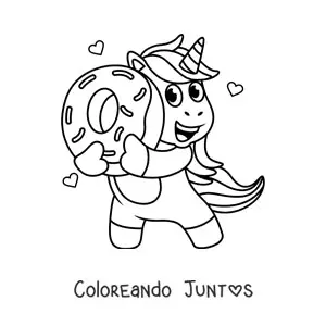 Imagen para colorear de un unicornio animado sujetando una dona