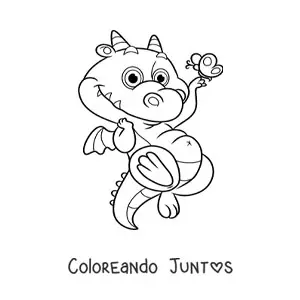 Imagen para colorear de caricatura de pequeño dragón volando con una mariposa