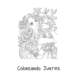 Imagen para colorear de hermosa elfa realista con flores