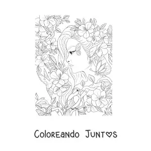 Imagen para colorear de mujer elfo del bosque con flores y aves