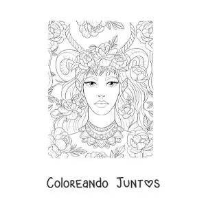 Imagen para colorear de hermosa mujer elfo con cuernos y flores