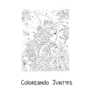 Imagen para colorear de mujer con sombrero de bruja y orejas de elfo