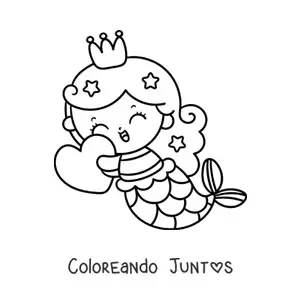 Imagen para colorear de princesa sirena kawaii con corazón