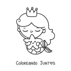Imagen para colorear de princesa sirena kawaii con una estrella de mar