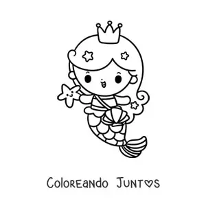Imagen para colorear de princesa sirena kawaii con bolso y estrella de mar