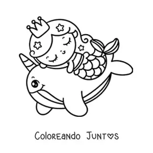 Imagen para colorear de princesa sirena kawaii nadando con un narval