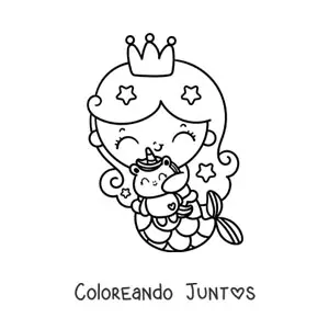 Imagen para colorear de princesa sirena kawaii con peluche de unicornio