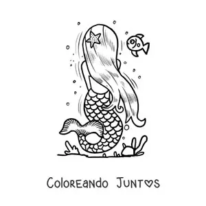 Imagen para colorear de sirena de espaldas en el mar