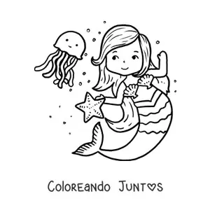 Imagen para colorear de sirena animada bailando con medusa y estrella de mar