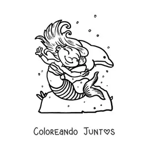 Imagen para colorear de sirena animada bailando con un delfín