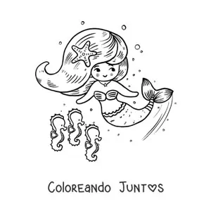 Imagen para colorear de sirena animada nadando con caballitos de mar