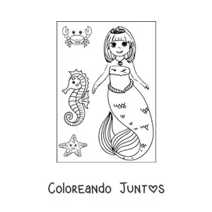 Imagen para colorear de princesa sirena estilo anime con caballito de mar
