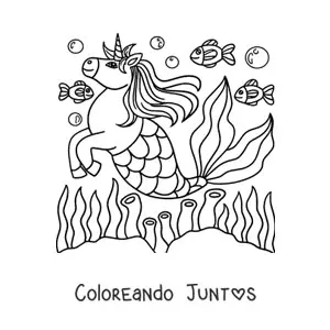 Imagen para colorear de unicornio sirena nadando con peces