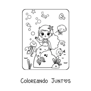 Imagen para colorear de sirena kawaii sentada en una roca con peces