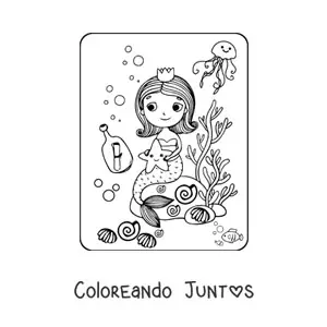 Imagen para colorear de princesa sirena kawaii sentada en una roca con peces