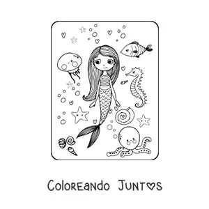 Imagen para colorear de sirena animada con peces