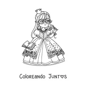 Imagen para colorear de princesa intelectual kawaii con lentes y libro
