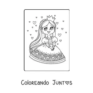 Imagen para colorear de princesa kawaii con corazones