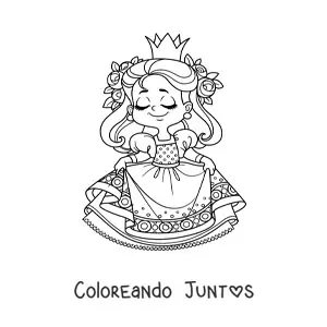 Imagen para colorear de princesa kawaii con flores sujetando su vestido