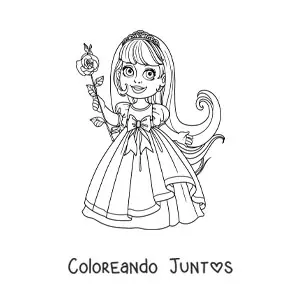Imagen para colorear de niña princesa con una rosa