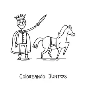 Imagen para colorear de gracioso príncipe medieval animado y su corsel