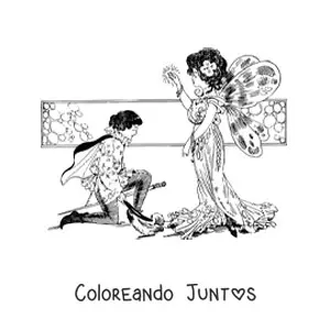 Imagen para colorear de príncipe medieval de rodillas frente a un hada realista