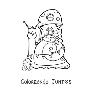 Imagen para colorear de caracol animado y casa del bosque encantado