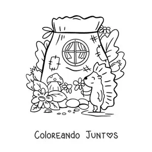 Imagen para colorear de puercoespín animado y casa del bosque encantado