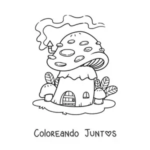 Imagen para colorear de casa con forma de hongo en el bosque encantado