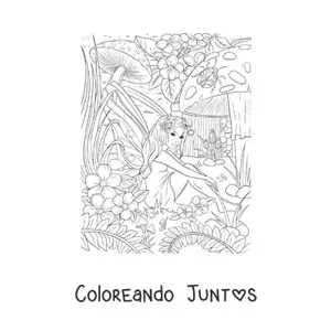 Imagen para colorear de hada realista con flores y hongos sentada en el bosque encantado