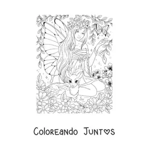Imagen para colorear de hada realista con mariposa y un ciervo sentada en el bosque encantado