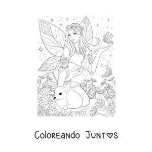 Imagen para colorear de hermosa hada realista con mariposa y un ciervo sentada en el bosque encantado