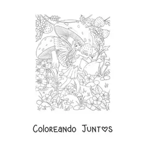 Imagen para colorear de hermosa hada realista con fresas y hongos en jardín mágico