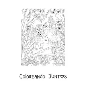 Imagen para colorear de hermosa hada de los animales sentada en jardín mágico con mariposa y tapir