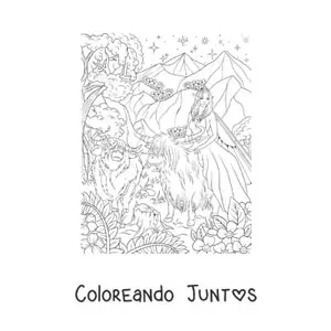 Imagen para colorear de hermosa hada de los animales sentada sobre un buey en el bosque encantado