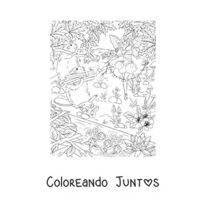 Imagen para colorear de hermosa hada de los animales con castores en el bosque encantado