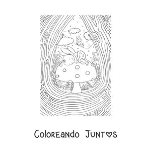 Imagen para colorear de hada bebé durmiendo sobre un hongo en jardín mágico