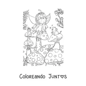 Imagen para colorear de niña hada sentada sobre un hongo con un ratón en el bosque encantado